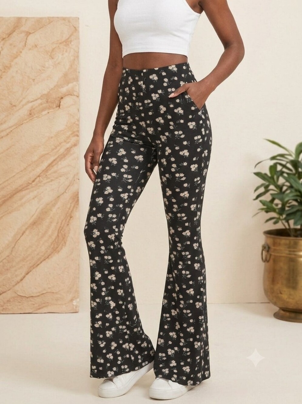 Comfy High Rise Black Floral Scalloped Bell Bottoms